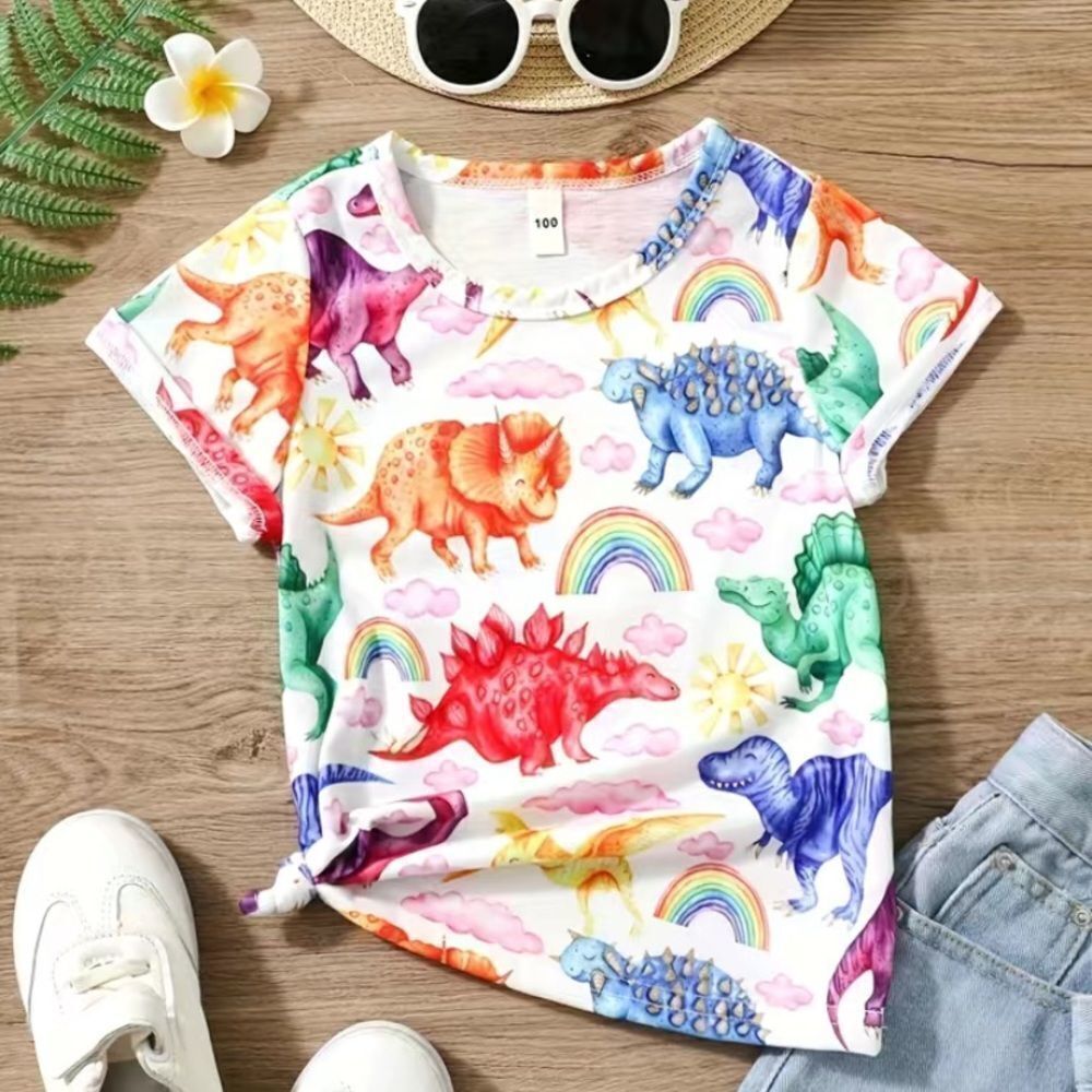 Girls T-Shirts Colorful Dinosaurs Graphic Tees Casual Fit Summer Tops red